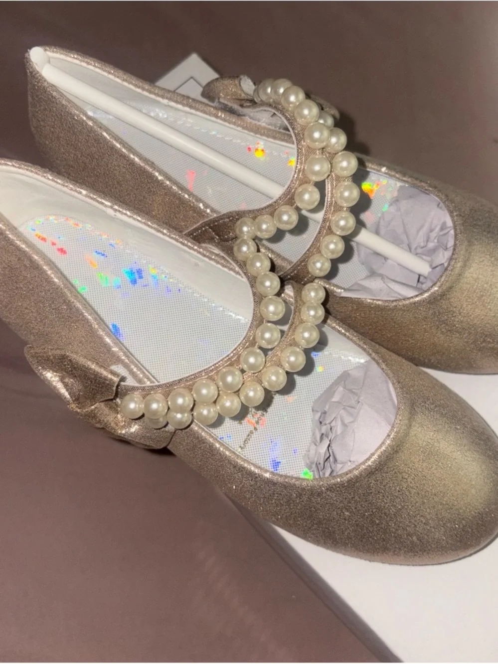 Girls Pearl-Strap Dress Shoes in Metallic Gold